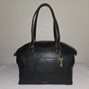 Fossil Julia Large Black Pebbled Leather Shoulder Tote Bag Carryall Purse